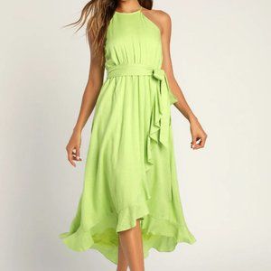 LULUS Lime Green Faux-Wrap Ruffled Midi Dress